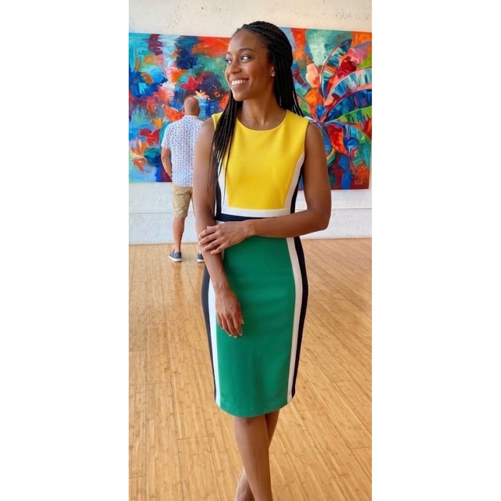 Calvin Klein Yellow Green Colorblock Scuba Sheath Dress Size 4